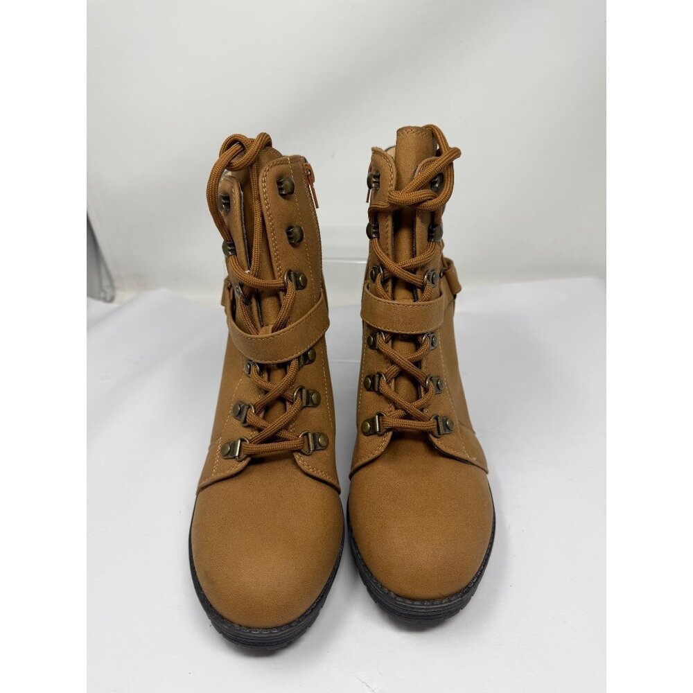 Andiamo Womens Tan Lace Up Heeled Ankle Boots Size 9.5 Faux Leather Zip Booties - Picture 2 of 9